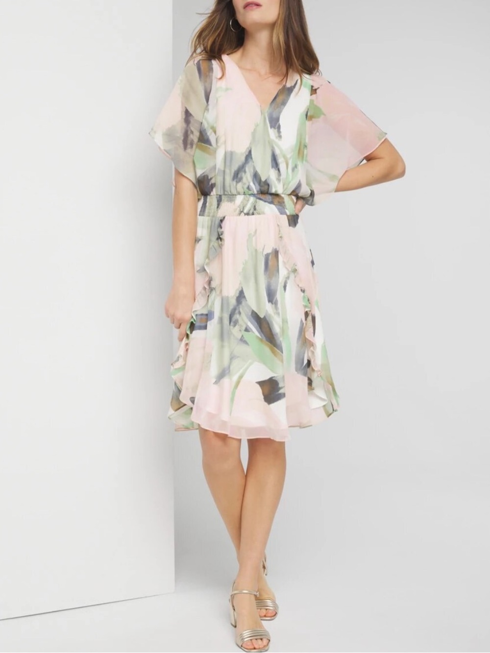 NWT White House Black Market Pink & Green Abstract Floral Smocked Flutter